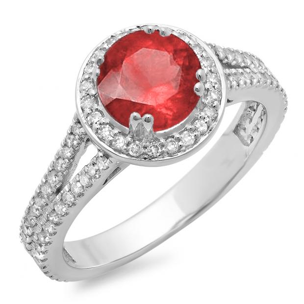 1.50 Carat (ctw) 14K White Gold Round Cut Red Ruby & White Diamond Ladies Bridal Split Shank Halo Engagement Ring 1 1/2 CT