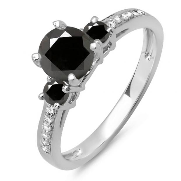 1.33 Carat (ctw) 18K White Gold Round White & Black Diamond Ladies Bridal 3 Stone Engagement Ring