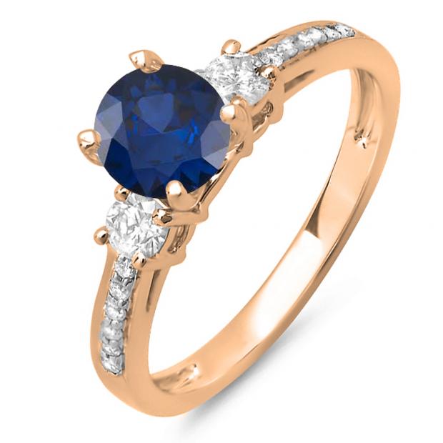 1.33 Carat (ctw) 10K Rose Gold Round White Diamond & Blue Sapphire Ladies Bridal 3 Stone Engagement Ring