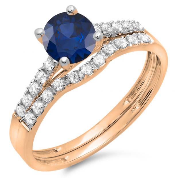 1.25 Carat (ctw) 10K Rose Gold Round White Diamond & Blue Sapphire Ladies Bridal Engagement Ring Matching Band Wedding Sets 1 1/4 CT