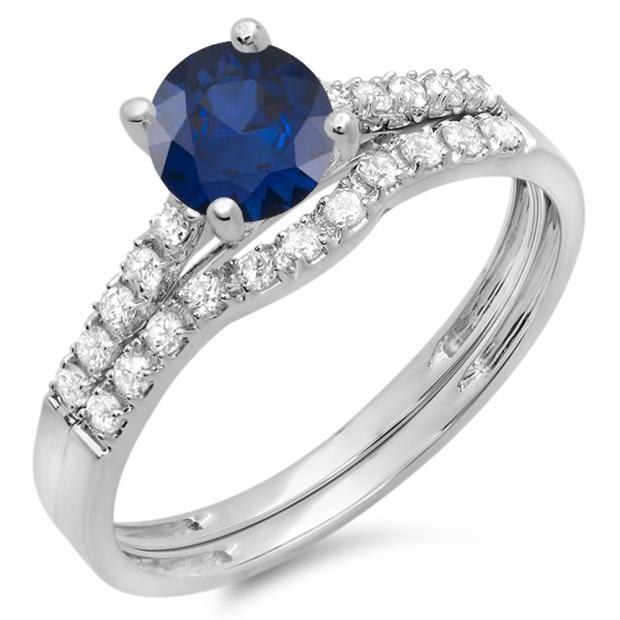 1.25 Carat (ctw) 10K White Gold Round White Diamond & Blue Sapphire Ladies Bridal Engagement Ring Matching Band Wedding Sets 1 1/4 CT
