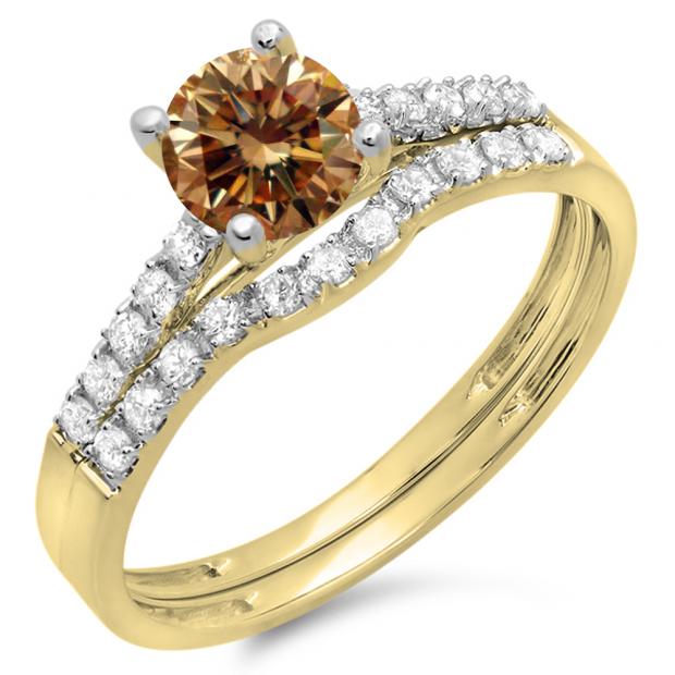 1.25 Carat (ctw) 18K Yellow Gold Round White & Champagne Diamond Ladies Bridal Engagement Ring Matching Band Wedding Sets 1 1/4 CT
