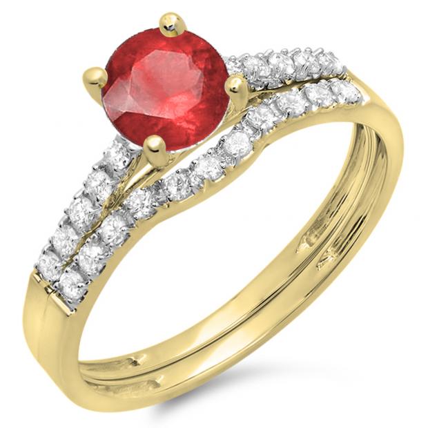 1.25 Carat (ctw) 10K Yellow Gold Round White Diamond & Red Ruby Ladies Bridal Engagement Ring Matching Band Wedding Sets 1 1/4 CT