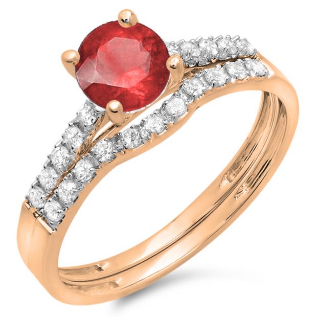 1.25 Carat (ctw) 18K Rose Gold Round White Diamond & Red Ruby Ladies Bridal Engagement Ring Matching Band Wedding Sets 1 1/4 CT