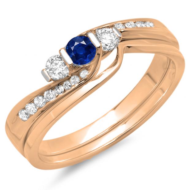 0.45 Carat (ctw) 10K Rose Gold Round Blue Sapphire & White Diamond Ladies Swirl Bridal 3 Stone Engagement Ring With Matching Band Set 1/2 CT