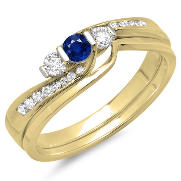 0.45 Carat (ctw) 10K Yellow Gold Round Blue Sapphire & White Diamond Ladies Swirl Bridal 3 Stone Engagement Ring With Matching Band Set 1/2 CT
