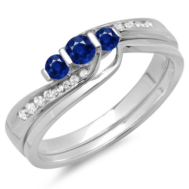 0.45 Carat (ctw) 10K White Gold Round Blue Sapphire & White Diamond Ladies Swirl Bridal 3 Stone Engagement Ring With Matching Band Set 1/2 CT