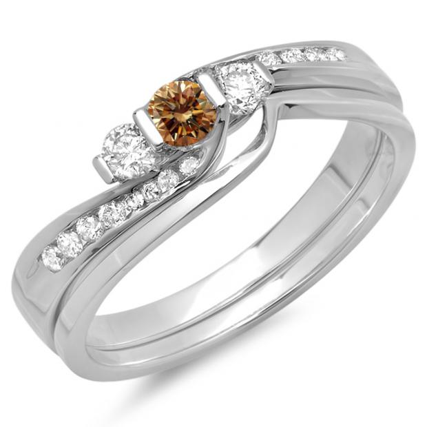 0.45 Carat (ctw) 10K White Gold Round Champagne & White Diamond Ladies Swirl Bridal 3 Stone Engagement Ring With Matching Band Set 1/2 CT