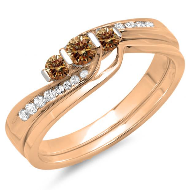 0.45 Carat (ctw) 14K Rose Gold Round Champagne & White Diamond Ladies Swirl Bridal 3 Stone Engagement Ring With Matching Band Set 1/2 CT