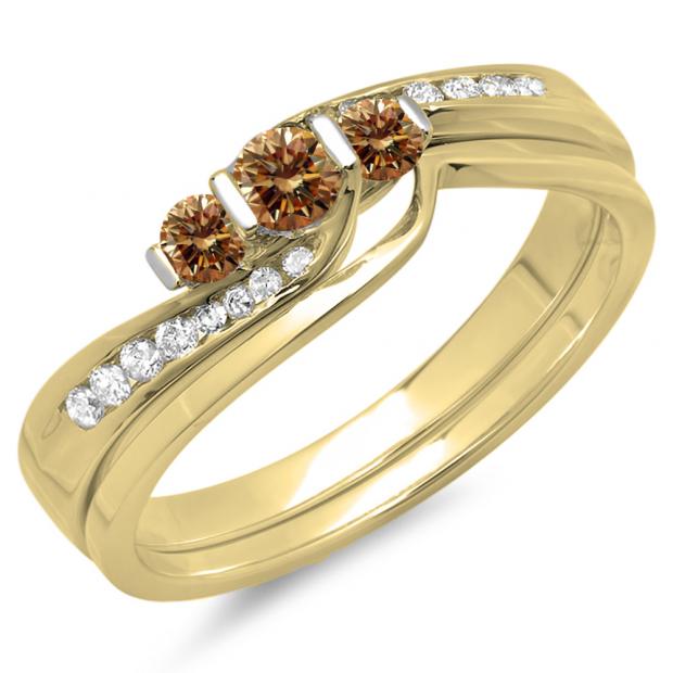 0.45 Carat (ctw) 14K Yellow Gold Round Champagne & White Diamond Ladies Swirl Bridal 3 Stone Engagement Ring With Matching Band Set 1/2 CT