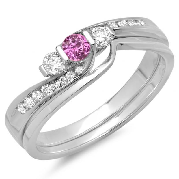 0.45 Carat (ctw) 10K White Gold Round Pink Sapphire & White Diamond Ladies Swirl Bridal 3 Stone Engagement Ring With Matching Band Set 1/2 CT