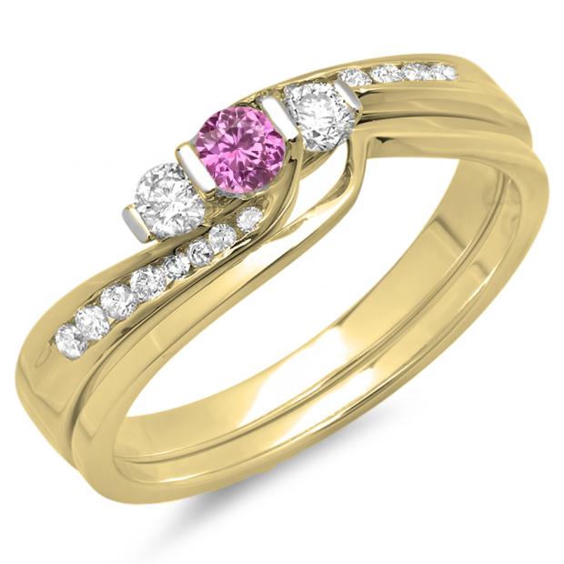 0.45 Carat (ctw) 10K Yellow Gold Round Pink Sapphire & White Diamond Ladies Swirl Bridal 3 Stone Engagement Ring With Matching Band Set 1/2 CT