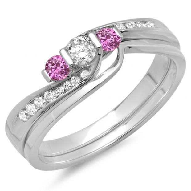 0.45 Carat (ctw) 10K White Gold Round Pink Sapphire & White Diamond Ladies Swirl Bridal 3 Stone Engagement Ring With Matching Band Set 1/2 CT