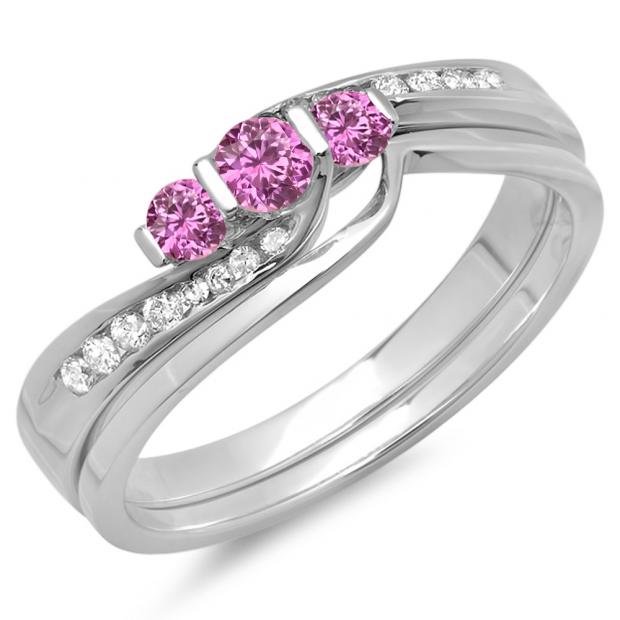 0.45 Carat (ctw) 10K White Gold Round Pink Sapphire & White Diamond Ladies Swirl Bridal 3 Stone Engagement Ring With Matching Band Set 1/2 CT