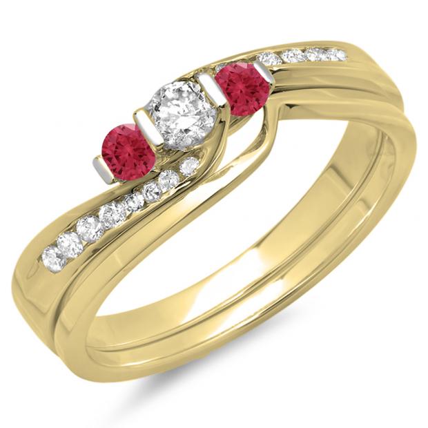 0.45 Carat (ctw) 10K Yellow Gold Round Red Ruby & White Diamond Ladies Swirl Bridal 3 Stone Engagement Ring With Matching Band Set 1/2 CT
