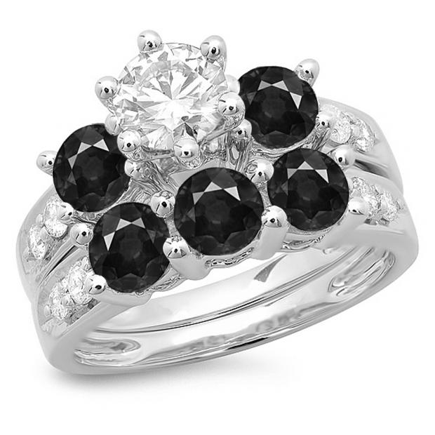 3.10 Carat (ctw) 10K White Gold Round Black & White Diamond Ladies Bridal 3 Stone Engagement Ring With Matching Band Set 3 1/10 CT