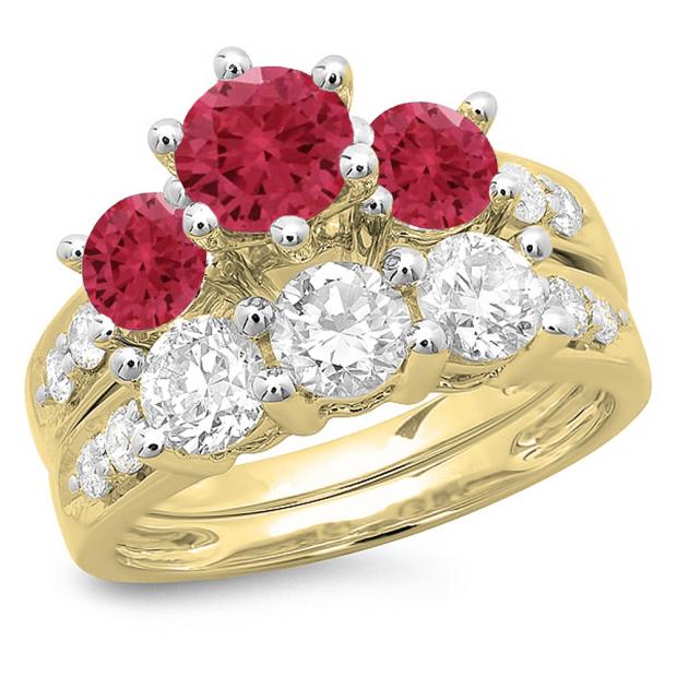 3.10 Carat (ctw) 10K Yellow Gold Round Red Ruby & White Diamond Ladies Bridal 3 Stone Engagement Ring With Matching Band Set 3 1/10 CT