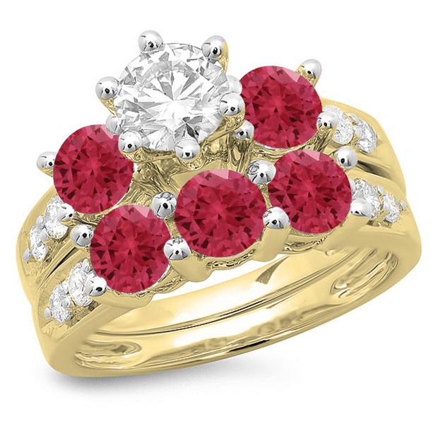 3.10 Carat (ctw) 18K Yellow Gold Round Red Ruby & White Diamond Ladies Bridal 3 Stone Engagement Ring With Matching Band Set 3 1/10 CT