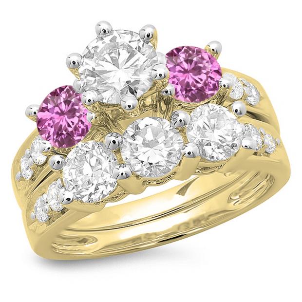 3.10 Carat (ctw) 10K Yellow Gold Round Pink Sapphire & White Diamond Ladies Bridal 3 Stone Engagement Ring With Matching Band Set 3 1/10 CT