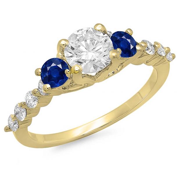 1.50 Carat (ctw) 10K Yellow Gold Round Blue Sapphire & White Diamond Ladies Bridal 3 Stone Engagement Ring 1 1/2 CT