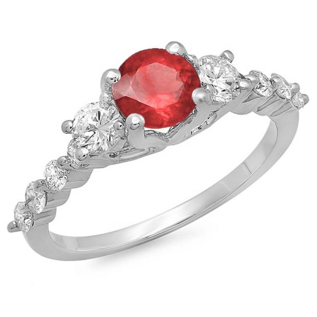 1.50 Carat (ctw) 18K White Gold Round Red Ruby & White Diamond Ladies Bridal 3 Stone Engagement Ring 1 1/2 CT