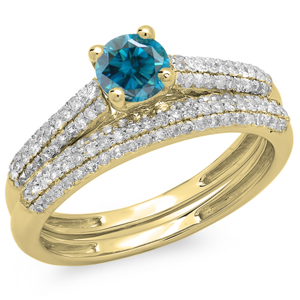 1.00 Carat (ctw) 10K Yellow Gold Round Blue & White Diamond Ladies Bridal Engagement Ring With Matching Band Set 1 CT