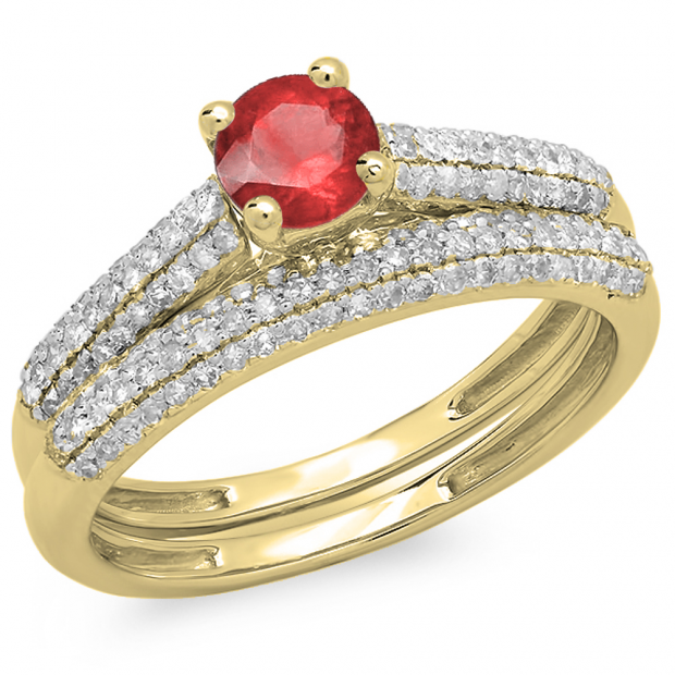 1.00 Carat (ctw) 10K Yellow Gold Round Red Ruby & White Diamond Ladies Bridal Engagement Ring With Matching Band Set 1 CT