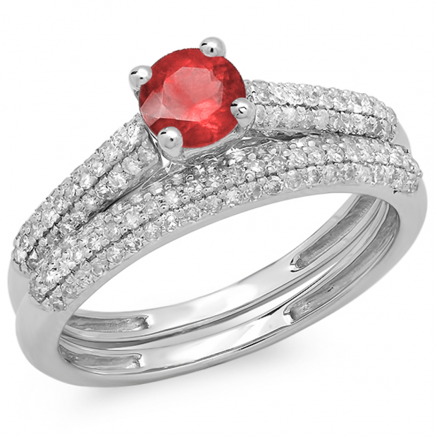 1.00 Carat (ctw) 18K White Gold Round Red Ruby & White Diamond Ladies Bridal Engagement Ring With Matching Band Set 1 CT