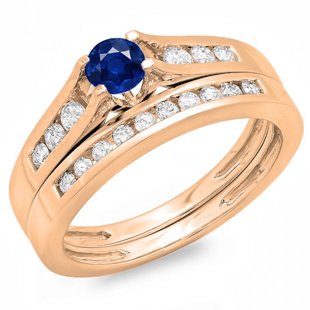 0.75 Carat (ctw) 10K Rose Gold Round Blue Sapphire & White Diamond Ladies Bridal Engagement Ring Matching Band Set 3/4 CT