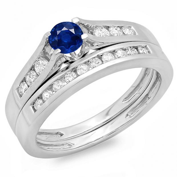 0.75 Carat (ctw) 10K White Gold Round Blue Sapphire & White Diamond Ladies Bridal Engagement Ring Matching Band Set 3/4 CT