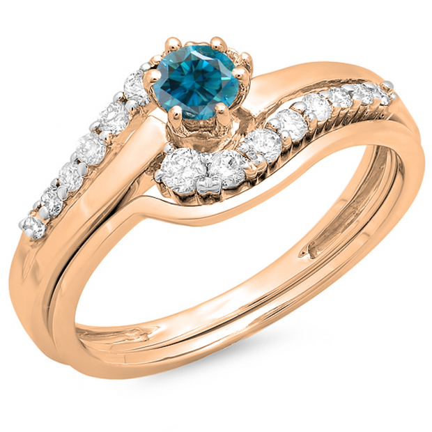 0.55 Carat (ctw) 10K Rose Gold Round Blue & White Diamond Ladies Twisted Style Bridal Engagement Ring With Matching Band Set 1/2 CT