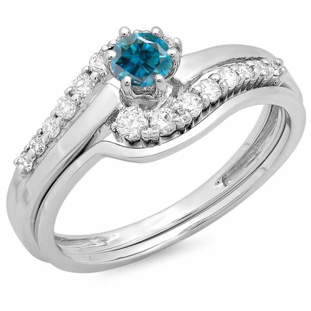 0.55 Carat (ctw) 10K White Gold Round Blue & White Diamond Ladies Twisted Style Bridal Engagement Ring With Matching Band Set 1/2 CT