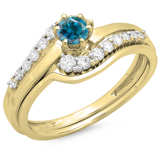 0.55 Carat (ctw) 10K Yellow Gold Round Blue & White Diamond Ladies Twisted Style Bridal Engagement Ring With Matching Band Set 1/2 CT