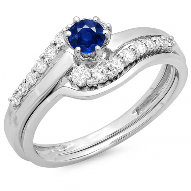 0.55 Carat (ctw) 18K White Gold Round Blue Sapphire & White Diamond Ladies Twisted Style Bridal Engagement Ring With Matching Band Set 1/2 CT