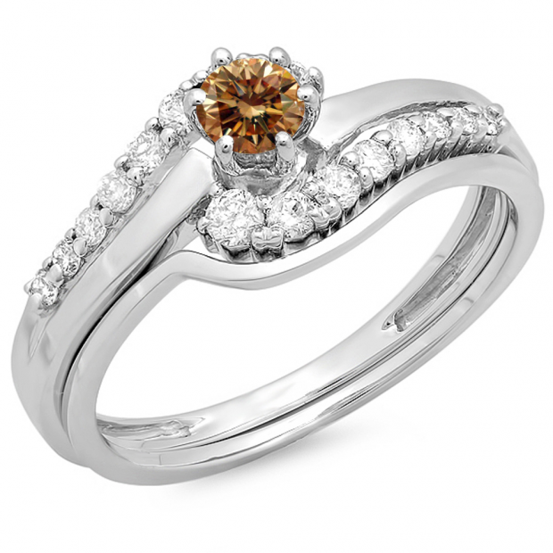 0.55 Carat (ctw) 10K White Gold Round Champagne & White Diamond Ladies Twisted Style Bridal Engagement Ring With Matching Band Set 1/2 CT