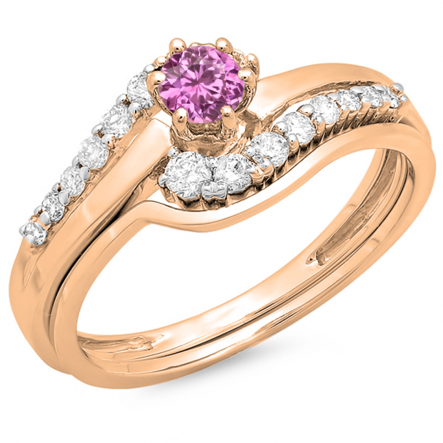 0.55 Carat (ctw) 10K Rose Gold Round Pink Sapphire & White Diamond Ladies Twisted Style Bridal Engagement Ring With Matching Band Set 1/2 CT