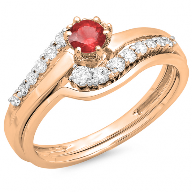 0.55 Carat (ctw) 10K Rose Gold Round Red Ruby & White Diamond Ladies Twisted Style Bridal Engagement Ring With Matching Band Set 1/2 CT
