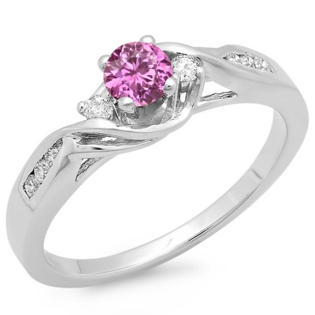 0.50 Carat (ctw) 18K White Gold Round Pink Sapphire & White Diamond Ladies Crossover Swirl 3 Stone Bridal Engagement Ring 1/2 Ct