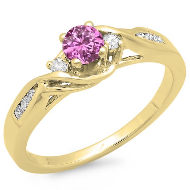 0.50 Carat (ctw) 18K Yellow Gold Round Pink Sapphire & White Diamond Ladies Crossover Swirl 3 Stone Bridal Engagement Ring 1/2 Ct