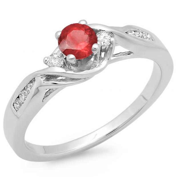 0.50 Carat (ctw) 18K White Gold Round Red Ruby & White Diamond Ladies Crossover Swirl 3 Stone Bridal Engagement Ring 1/2 Ct