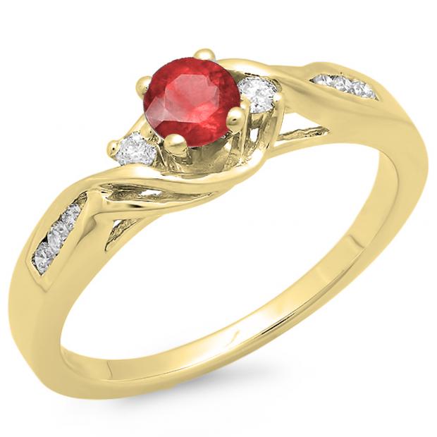 0.50 Carat (ctw) 18K Yellow Gold Round Red Ruby & White Diamond Ladies Crossover Swirl 3 Stone Bridal Engagement Ring 1/2 Ct