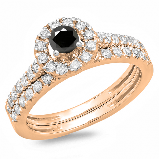 1.00 Carat (ctw) 14K Rose Gold Round Cut Black & White Diamond Ladies Bridal Halo Style Engagement Ring With Matching Band Set 1 CT