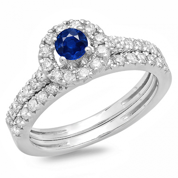 1.00 Carat (ctw) 14K White Gold Round Cut Blue Sapphire & White Diamond Ladies Bridal Halo Style Engagement Ring With Matching Band Set 1 CT