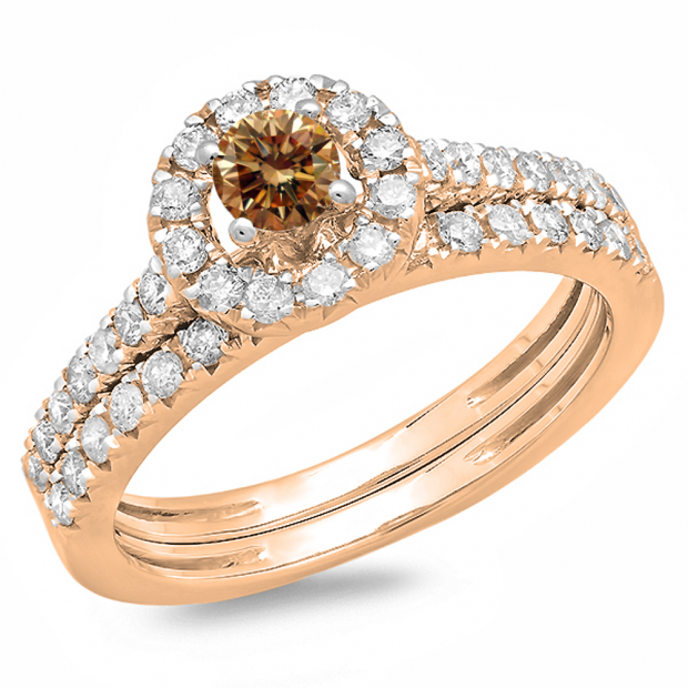 1.00 Carat (ctw) 14K Rose Gold Round Cut Champagne & White Diamond Ladies Bridal Halo Style Engagement Ring With Matching Band Set 1 CT