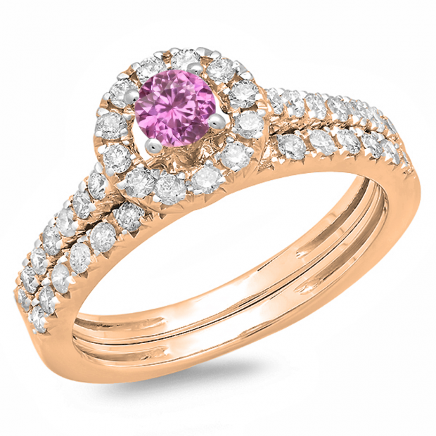 1.00 Carat (ctw) 10K Rose Gold Round Cut Pink Sapphire & White Diamond Ladies Bridal Halo Style Engagement Ring With Matching Band Set 1 CT