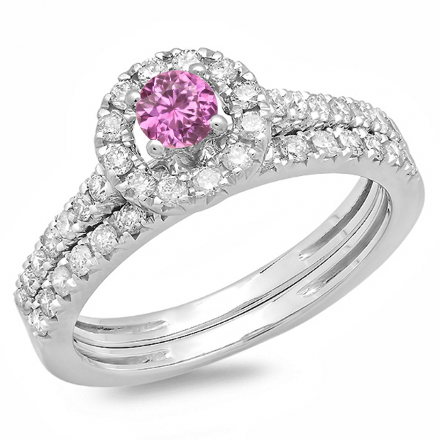 1.00 Carat (ctw) 10K White Gold Round Cut Pink Sapphire & White Diamond Ladies Bridal Halo Style Engagement Ring With Matching Band Set 1 CT