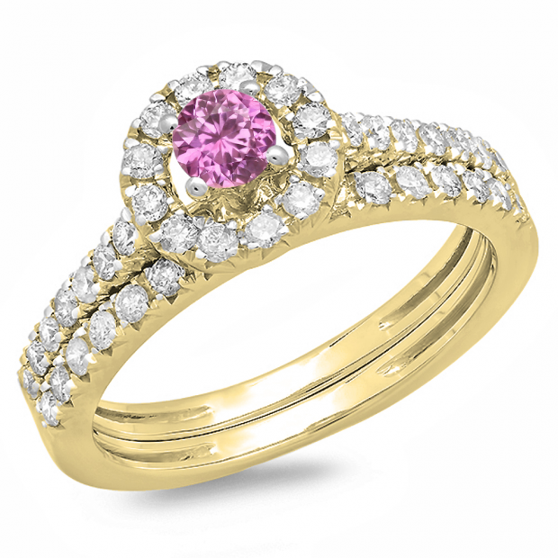 1.00 Carat (ctw) 10K Yellow Gold Round Cut Pink Sapphire & White Diamond Ladies Bridal Halo Style Engagement Ring With Matching Band Set 1 CT