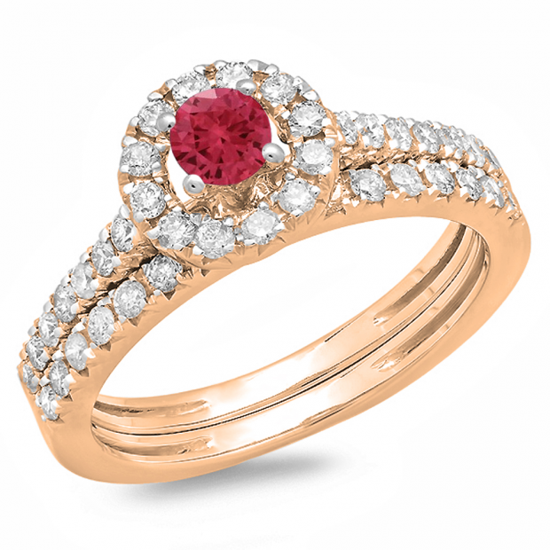 1.00 Carat (ctw) 14K Rose Gold Round Cut Red Ruby & White Diamond Ladies Bridal Halo Style Engagement Ring With Matching Band Set 1 CT