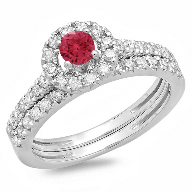 1.00 Carat (ctw) 14K White Gold Round Cut Red Ruby & White Diamond Ladies Bridal Halo Style Engagement Ring With Matching Band Set 1 CT
