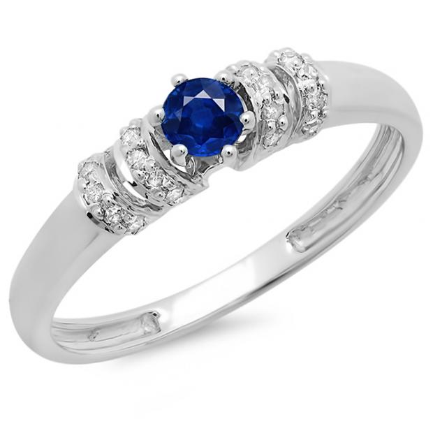 0.25 Carat (ctw) 10K White Gold Round Blue Sapphire & White Diamond Ladies Bridal Unique Engagement Ring 1/4 CT